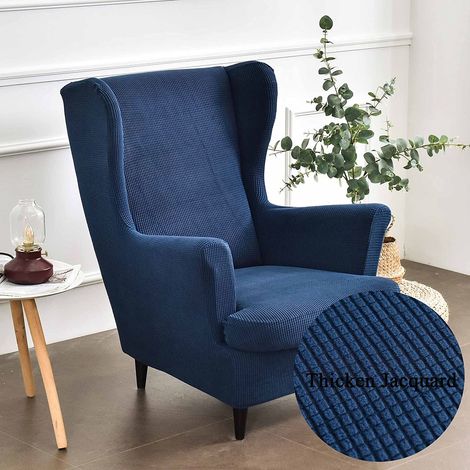2-teiliger Stretch-Ohrensesselbezug mit T-förmigem Kissenbezug, einfarbig, Jacquard-gemustert, verdickt, rutschfest, Marineblau (1/5)