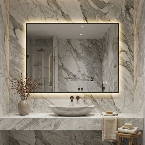 LED Badezimmerspiegel 60x80 cm mit Aluminiumrahmen, Hinterleuchtet, Anti-Beschlag, 3 Lichtfarben, Stufenlos dimmbar, Memory-Funktion, 5 mm kupferfreier Silberspiegel (1/5)