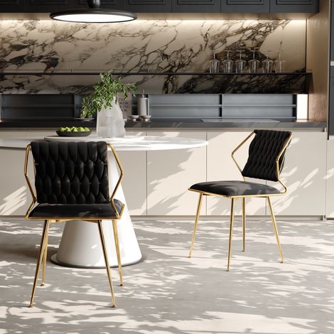 2er-Set Esszimmerstühle – schwarzer Samt und goldfarbene Metallbeine – moderner & luxuriöser Stil – ergonomische geflochtene Rückenlehne (1/4)