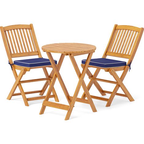 Ensemble bistrot bleu marine 3 pièces en acacia pliable avec coussins lavables pour terrasse, balcon et jardin (1/5)