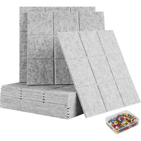 Pizarra de fieltro Relaxdays, 12 unidades, cuadrados autoadhesivos, HBT: 30 x 30 x 0,9 cm, 100 chinchetas incl., gris