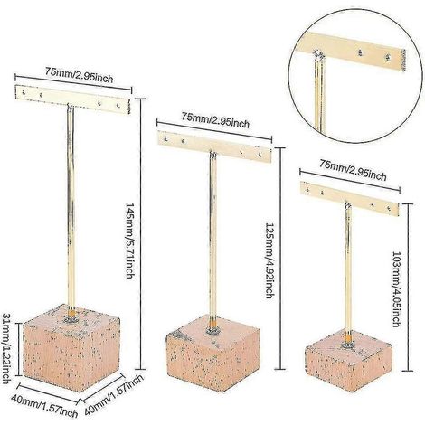Présentoir à boucles d'oreilles en métal doré (lot de 3) avec base carrée en bois et 4 trous pour accrocher les bijoux (1/5)