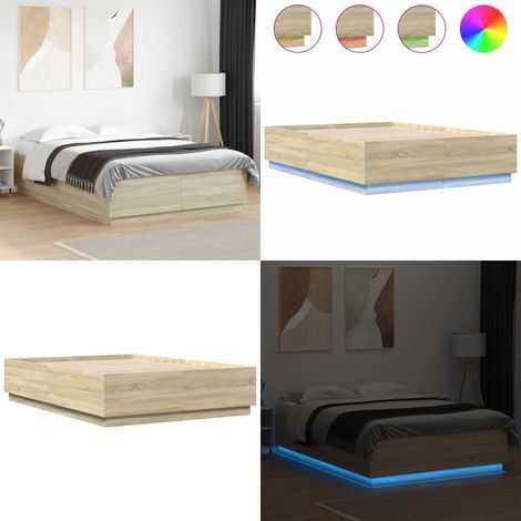 Cadre de lit avec LED sans matelas chêne sonoma 150x200 cm - Cadre De Lit - Lit Double - Sommier - Éclairage Led - Lumière Rgb - Home & Living