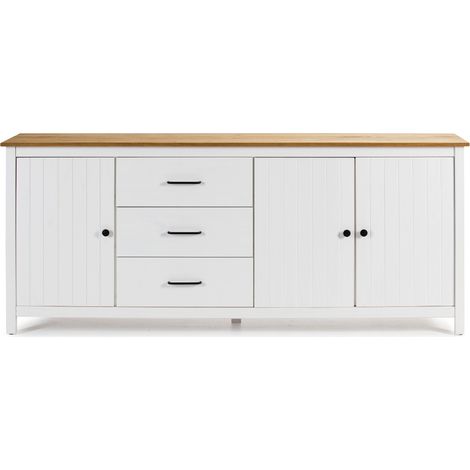 Buffet en pin massif décor ciré chêne et blanc, meuble de rangement - Longueur 190 x Profondeur 40 x Hauteur 80 cm -PEGANE- (1/5)