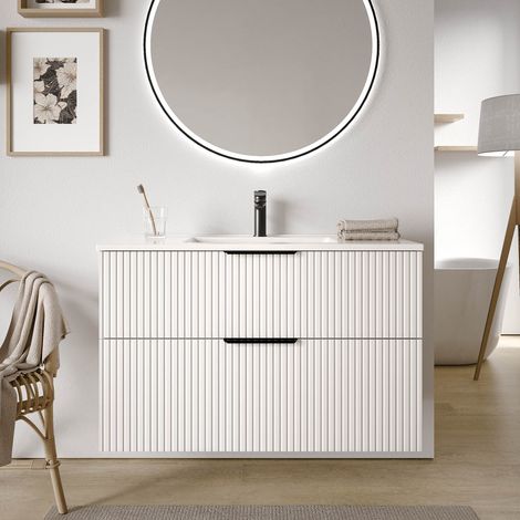 BERNSTEIN - Mobile lavabo da bagno bianco opaco con nervature 100x46x62cm (LxPxA) con 2 cassetti, maniglie nero opaco - TIM100	Nero opaco, Profilato bianco opaco