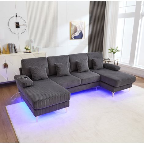 Divano U con LED e USB in velluto 265x135 cm OKMYHOME (1/5)