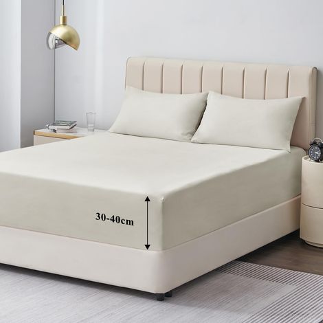 Drap Housse 160x200 Grand Bonnet 40 cm Drap Housse 2 Personnes 160 x 200 Grand Bonnet 40 cm Matelas en Microfibre avec Élastique Tout Autour, Beige (1/5)