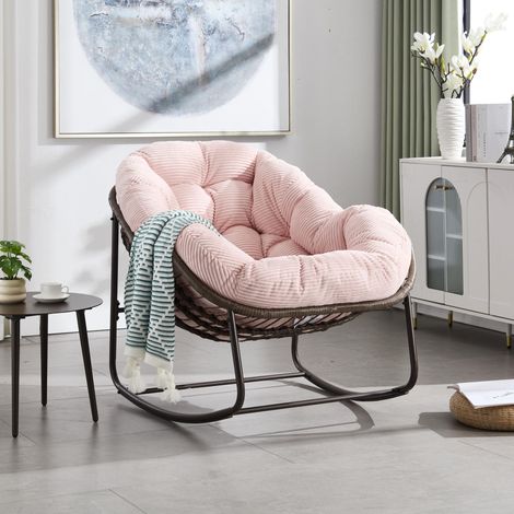 Fauteuil à Bascule Rotin, Fauteuil de détente avec Coussins Confortables - Cadre métallique - Rocking Chair pour Jardin, Terrasse et Salon, Rose