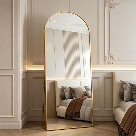 Miroir pleine longueur 180×80cm, miroir sur pied avec verre trempé, miroir sur pied avec support réglable, miroir arqué, style moderne, cadre en alliage d'aluminium, pour salon et chambre,Doré