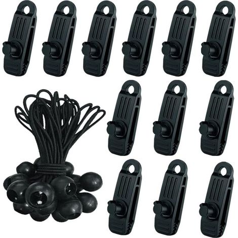 24 Pcs Clip de Tente Bâche avec 12x Pince pour bache et 12x Tendeur Corde Elastique, Pince a oeillet pour bache Camping Accessoires pour Tentes, bache Piscine, Bâches, Auvents, Gazebos Tente- (1/5)