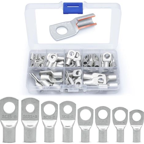 60Pcs Tinned Copper SC Ring Terminal Connectors, Crimp Solder Wire Lugs for 6mm² 8mm² 10mm² 16mm² 25mm² Cable, Electrical Kit (1/5)