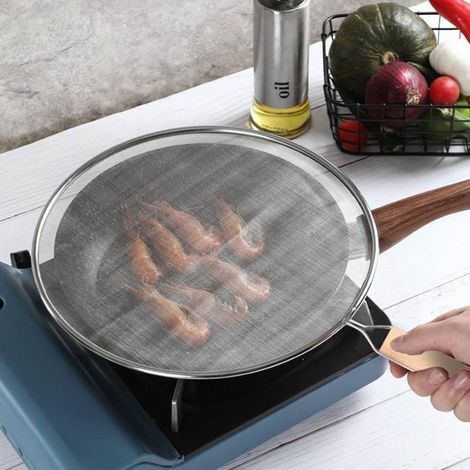 Écran anti-éclaboussures en acier inoxydable pour poêles à frire, grille de protection de 33 cm avec poignée en bois et trou de suspension, aide à la cuisine