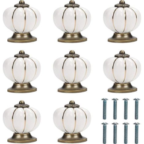 Set mit 8 runden Vintage-Keramik-Möbelknöpfen in Weiß und Gold mit kürbisförmigen Schrauben – 3,8 x 4 cm – Ideal für Zuhause, Büro, Küchenschränke und Schubladen (1/5)