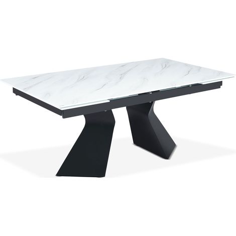 Table à manger extensible Icaria en Verre effet marbre blanc et pieds Métal Noir (1/4)