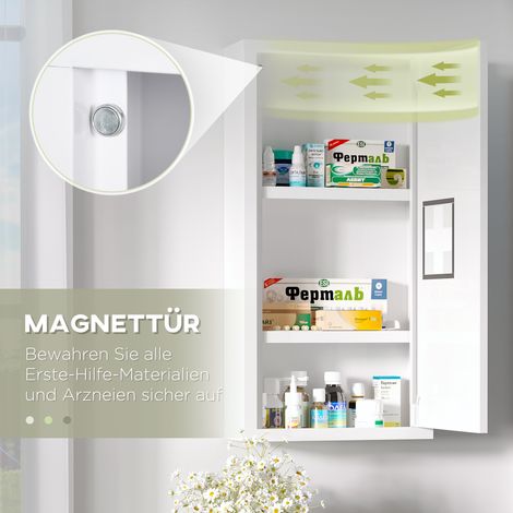 Armoire à pharmacie blanc, meuble de premiers soins avec 3 étagères intérieures et fermeture magnétique, rangement médicaments 40x15x53,5 cm (1/5)