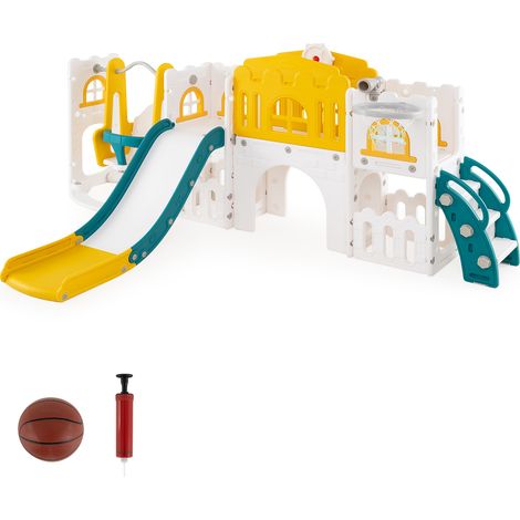 10 en 1 Toboggan Enfant Pliable en HDPE avec Balançoire & Panier de Basketball, Aire de Jeux avec Télescope & Volant & Échelle, pour 1 an+, Jaune (1/5)