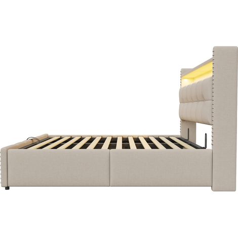 Letto imbottito 180 x 200 cm con LED, presa USB, vani e contenitore sollevabile, beige, HOMVRA (1/5)