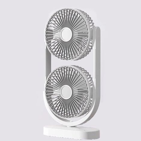 Ventilatore da tavolo a doppia testa, ricaricabile, silenzioso, alimentato tramite USB, 17,5 x 8,2 x 36 cm, bianco, per uffici, camere da letto e scrivanie. (1/5)