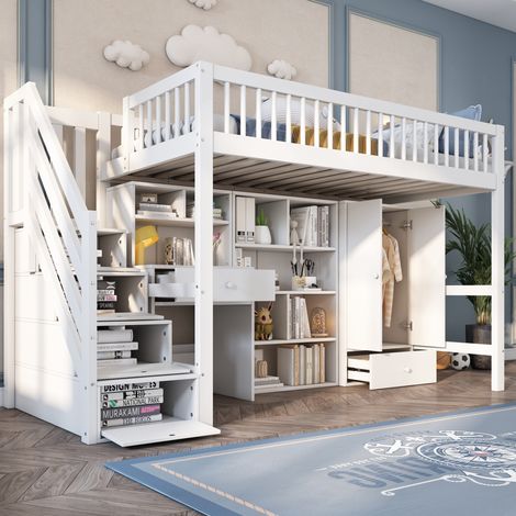 Letto soppalco 90x200 cm MDF bianco con scrivania e contenitori, senza materasso – MEUBLIV (1/5)