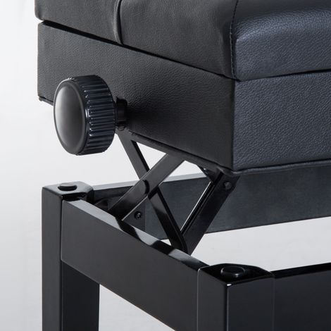 Tabouret piano rembourré, rangement intégré, bois et similicuir noir, 54,5x33x48-58 cm