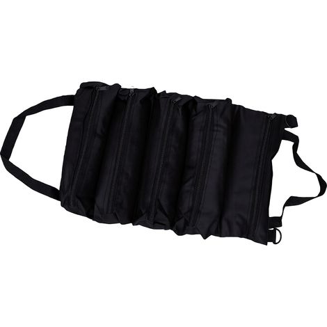 Sac à outils enroulable en tissu Oxford 600D, 5 poches zippées, pochette de rangement portable pour voiture, maison et garage, noir (1/5)