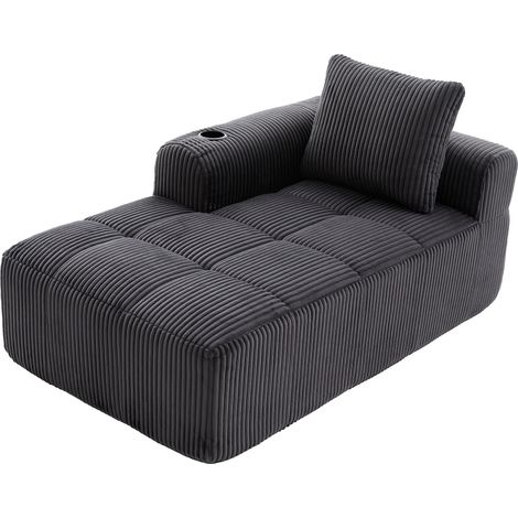 Divano letto monoposto in velluto a coste grigio scuro con cuscino, tasche laterali e portabicchieri (1/5)