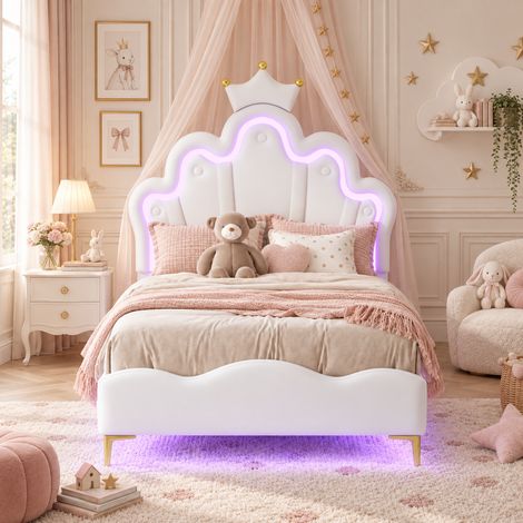 Lit enfant 90 x 200 cm,Lit Rembourré Princesse,tête de lit couronne avec LED, cadre de lit, sommier à lattes,pour chambre d'enfant,PU,Blanc (1/5)