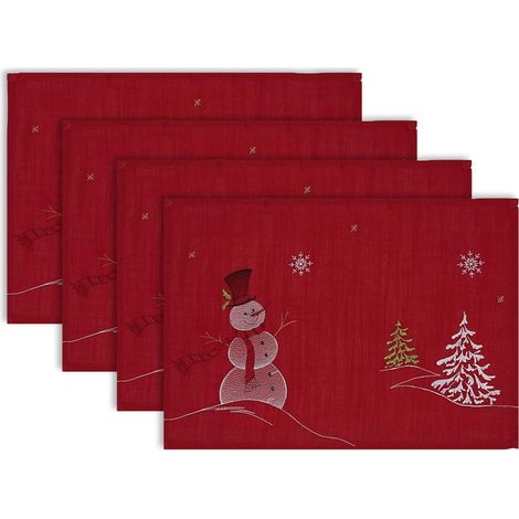 Ensemble de 4 Sets de Table brodés en Forme de Bonhomme de Neige, 33 x 48 cm, Rouge (1/5)