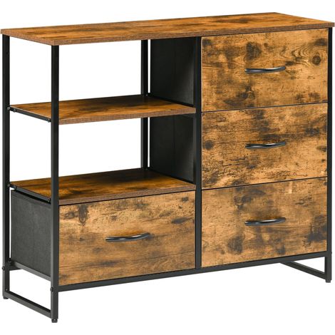 Commode de salon à 4 tiroirs en tissu, pliable et 2 étagères, style industriel, 84 x 30 x 71,5 cm, marron rustique