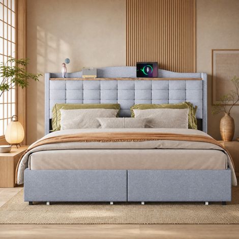 Lit coffre 160x200 avec USB, 4 tiroirs gris HAVRYA (1/5)