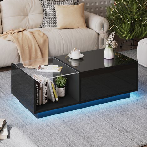 MODFU – Mesa de centro 100x50x33 cm en negro brillante con tablero elevable, LED RGB controlable por app y 2 cajones – Negro (1/5)