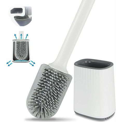 DEESSE SHOP - Ensemble de brosse de toilette en silicone et support, brosses de toilette nettoyantes en profondeur avec poils flexibles et support à séchage rapide, brosses de toilette murales à long  (1/5)