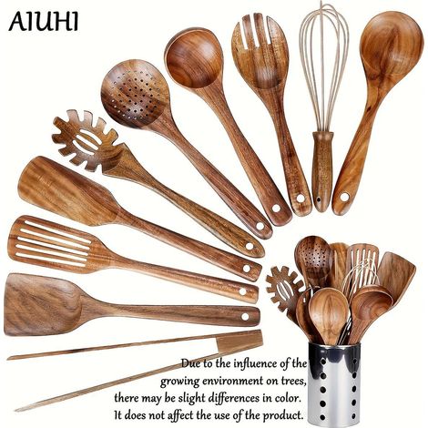 Ensemble d'ustensiles de cuisine en bois avec support, comprenant des cuillères en bois de teck naturel.