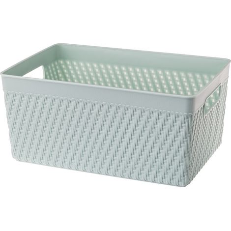 Panier de rangement rectangulaire Luis, taille 4, capacité 5,2 l, vert menthe pastel clair, en plastique à motif tissé avec poignées (1/3)
