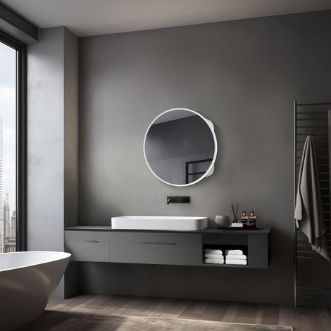 Armoire de Toilette Lumineuse Ø60 cm - Meuble de Salle de Bain avec Miroir et 2 étagères - Aluminium - Fond Miroir (1/5)