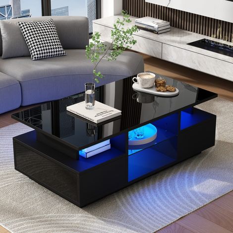 Table Basse Finition Brillante avec LED et Étagère en Verre - 100x50x36cm - Table de Salon Double Niveau avec 2 Tiroirs - Noir (1/5)