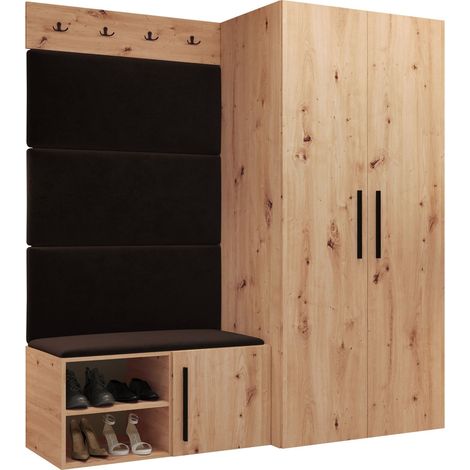 Mobilier1 – Meuble d'entrée Hartford 526 en chêne artisan – Dimensions 191x164x50cm – Finition stratifiée et tissu – Montage mural ou à poser