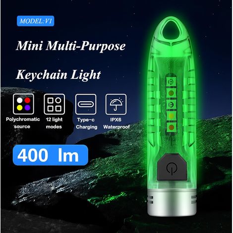 Mini torcia LED ricaricabile V1 - 400 lumen - Alta luminosità - 12 modalità - Rosso/Giallo/Blu/Bianco/UV - Per esterni, escursionismo, uso quotidiano (1/4)