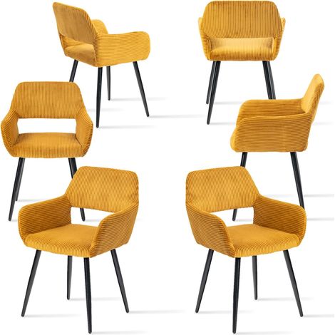 Meuble Cosy Lot de 6 Chaises de Salle à Manger Fauteuil Assise Rembourrée en Velours Côtelé Pieds en Métal pour Cuisine Salon Chambre Bureau, Jaune (1/5)