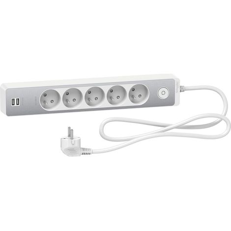 5-fach Steckdosenleiste + 2 USB-Anschlüsse, 1,5 m Kabel, SCHNEIDER ELECTRIC, weiß/Aluminium SCHNEIDER ELECTRIC