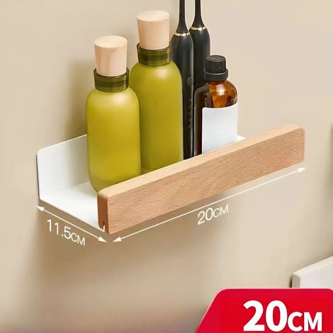 Étagère de rangement murale en bois de hêtre (blanc brut - 20 cm) - Éclairage léger - Style luxueux - Non perforée (1/5)