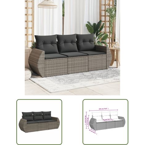 The Living Store Salon de jardin avec coussins 3 pcs gris résine tressée - Ensemble Salon De Jardin - Meuble Extérieur - Résine Tressée - Rotin Synthétique - Fauteuil De Jardin (1/3)