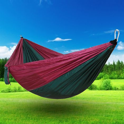Hamac double portable pour camping et voyage, lit suspendu avec sangles d'arbre (Violet + Vert foncé) (1/5)