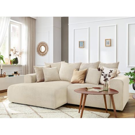 Bobochic – Canapé d'angle fixe 3 places – Velours côtelé beige – Longueur 237cm – Largeur 147cm – Hauteur 95cm – Style moderne (1/5)