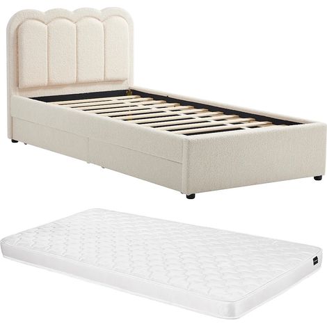 Lit 90 x 190 cm avec 2 tiroirs - Avec LEDs - Tissu bouclette - Crème + Matelas - NESTIAKO (1/5)