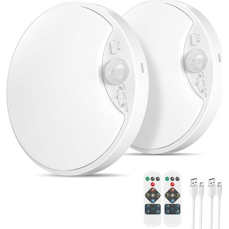 2 Pack Lampe LED de Plafonnier avec Détecteur de Mouvement,Plafonnier Salle de Bain 10000mAh Rechargeable Reglette avec Télécommande 3 Températures de Couleur pour Garage, Escalier Couloir