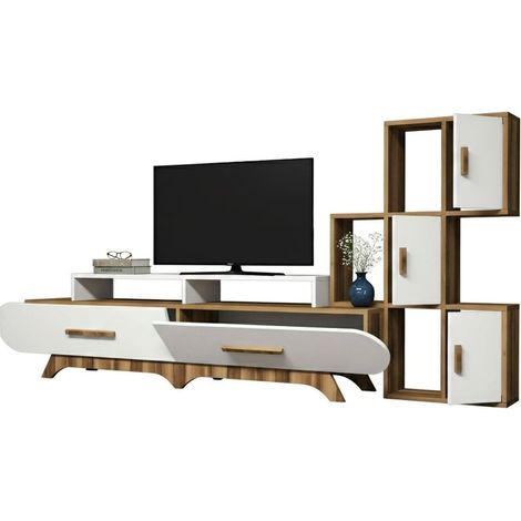 Dmora - Parete attrezzata Zephyria, Composizione soggiorno, Mobile salotto multiuso, Armadio porta TV, 205x37h50 cm, Noce e Bianco, con imballo rinforzato, con imballo rinforzato