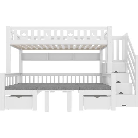 Cama alta multifuncional 90 x 200 cm con escritorio 2 en 1, escalera con almacenaje, blanco (1/5)