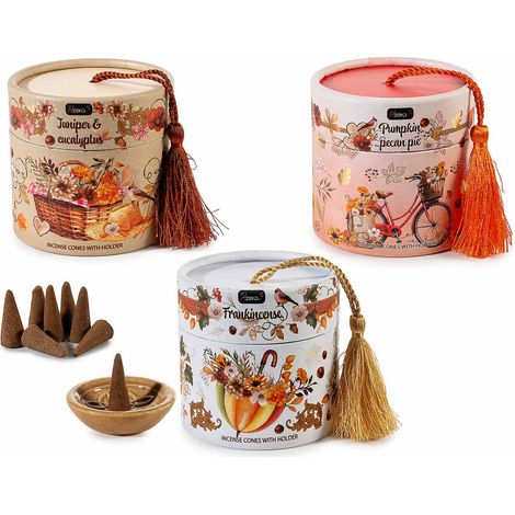 30 coni di incenso con portacono in ceramica in confezione regalo con stampa autunnale e nappina, set da 6 pezzi, Conetto: Ø 1,2 cm x 2,8 H