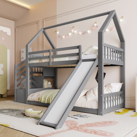 Letto a castello 90/200 cm grigio con scivolo e scala contenitore, design a casetta per bambini (1/5)